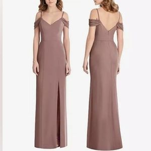 NWT AFTER SIX OFF-THE-SHOULDER CHIFFON TRUMPET GOWN WITH FRONT SLIT IN SIENNA 4